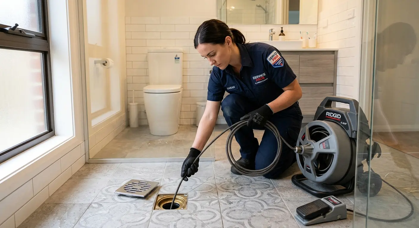 Technician clearing a bathroom floor drain for Sewer Line Installation in Brunswick